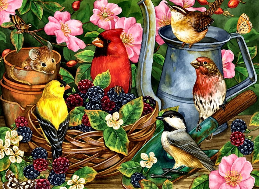 Autumn Berries F1、動物、鳥類、ミソサザイ、絵画、ゴシキヒワ、枢機卿、イエフィンチ、鳴き鳥、四十雀、鳥、アート、ベリー、美しい、イラスト、アートワーク、ワイド スクリーン、野生動物、マウス、花 高画質の壁紙