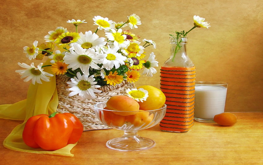 *静物*、瞬間、花瓶、卵、春、オレンジ、ヒナギク、ボトル、静物、朝食、空気、花、美しい 高画質の壁紙
