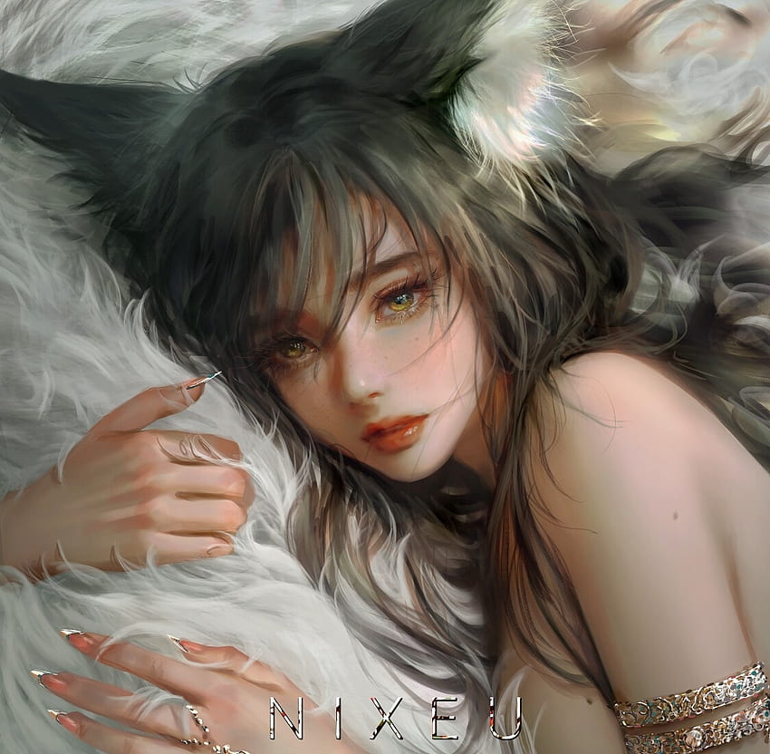 Kitsune, frumusete, art, fantasy, nixeu, face, fox HD wallpaper