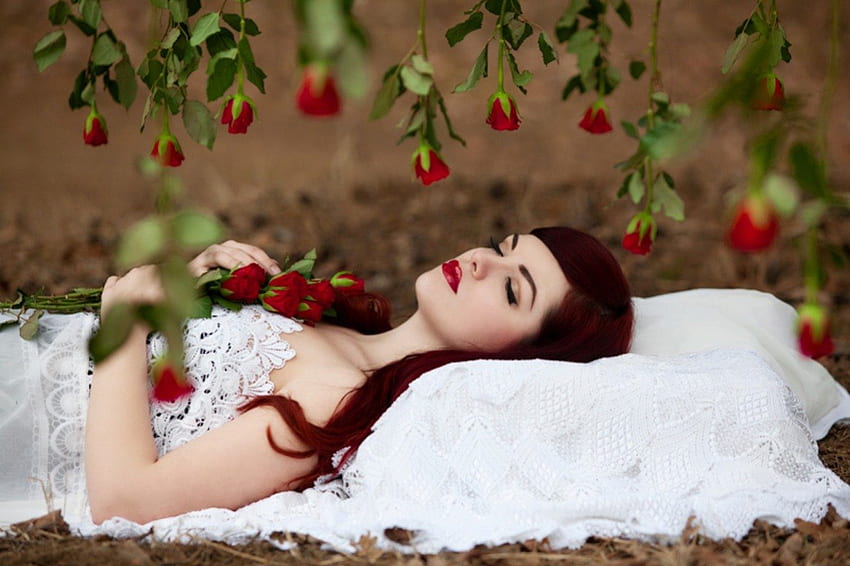 AdeleG、夢想家、女性、モデル、バラ、花のためのバラのベッド 高画質の壁紙
