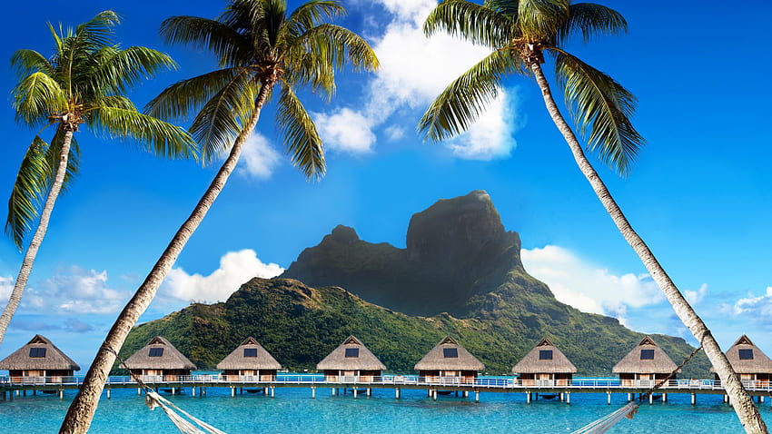 Bora Bora, , , French Polynesia, Best beaches of 2017, Best Hotels of 2017, ocean, palm trees, mountains, beach, vacation, rest, travel, booking, palm trees, hammock, OS, Bora Bora Sunset HD wallpaper