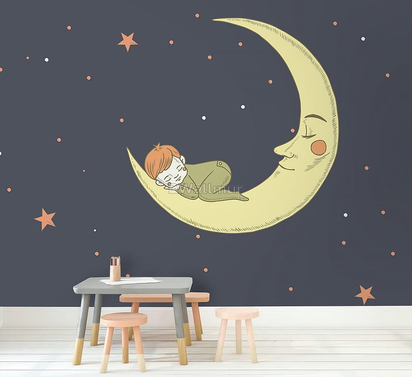 Cartoon Moon with Little Child and Night Sky Mural - • Wallmur®, Moonchild HD wallpaper
