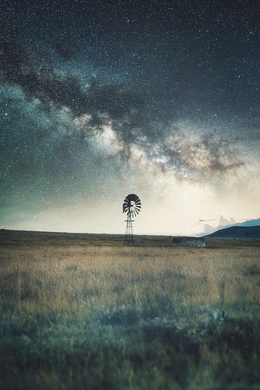 Landscape, night, windmill HD phone wallpaper