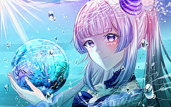 A stunning 4k wallpaper featuring sangonomya kokomi and her water elemental  magic