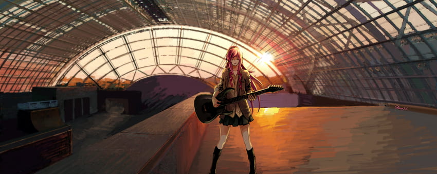 Sunset's song, saia, guitarra, instrumental, música instrumental, menina, vocaloid, anime girl, anime, megurine luka, pôr do sol papel de parede HD