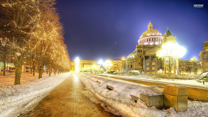 boston en invierno r, invierno, edificios, luces, acera, árboles fondo de pantalla