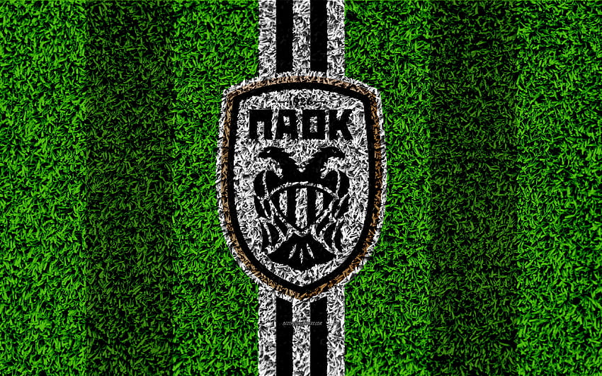 PAOK FC, logo, pelouse de football, grec, Thessalonique Fond d'écran HD