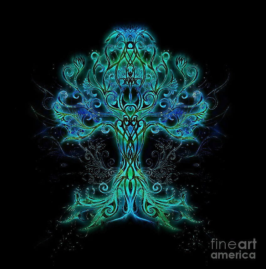 Simbolo dell'albero della vita su ornamentale strutturato, modello fiore della vita, Yggdrasil. Tecnica mista, albero della vita celtico Sfondo del telefono HD