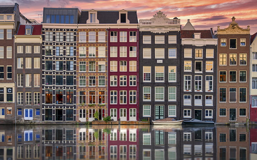 Amsterdam, kanał, budynki, wieczór, zachód słońca, pejzaż Amsterdamu, ulice Amsterdamu, Holandia Tapeta HD