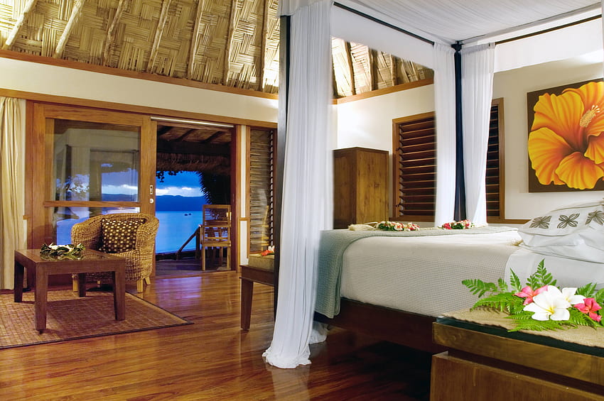 Luxury Suite Beach Bungalow Hut Fiji South Polynesia เกาะ ทราย เขตร้อน เซาท์โปลินีเซีย สี่เสา ตาฮิติ ชายหาด วันหยุด ฟิจิ มหาสมุทร ทะเล หลบหนี หรูหรา ห้อง เตียง แปลกใหม่ โรงแรม สวรรค์ ห้องสวีท ลากูน , พักผ่อน, แปซิฟิกใต้, ไม้, เกาะปะการัง, ฮันนีมูน, รีสอร์ท, โบราโบรา วอลล์เปเปอร์ HD