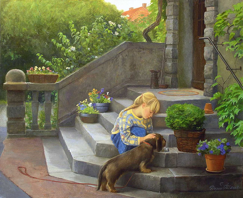 Water Break, dog, water bowl, plants, steps, girl, flower pots, door, leash, stone, trees HD wallpaper