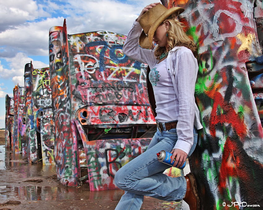Cadillac Ranch, paint, cadillac, ranch, girl HD wallpaper