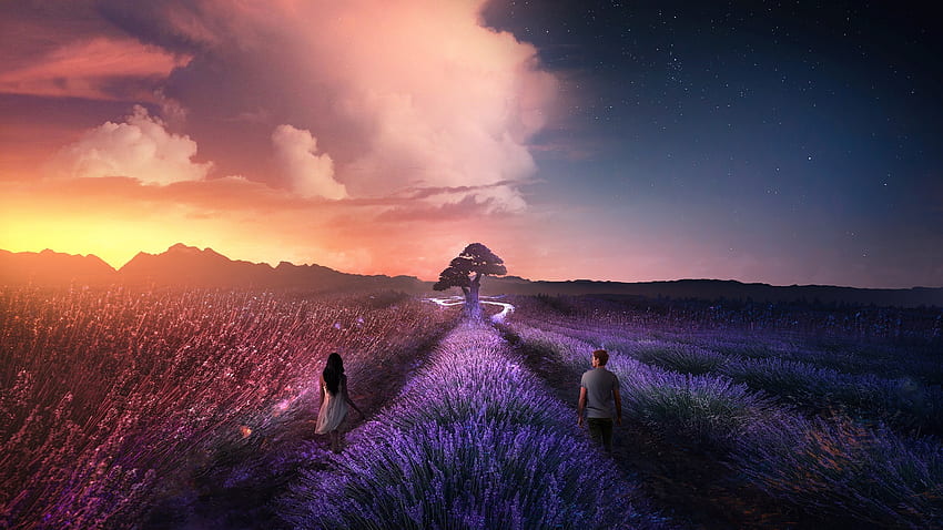 Pareja, granja de lilas, paisaje, arte digital, puesta de sol. fondo de pantalla