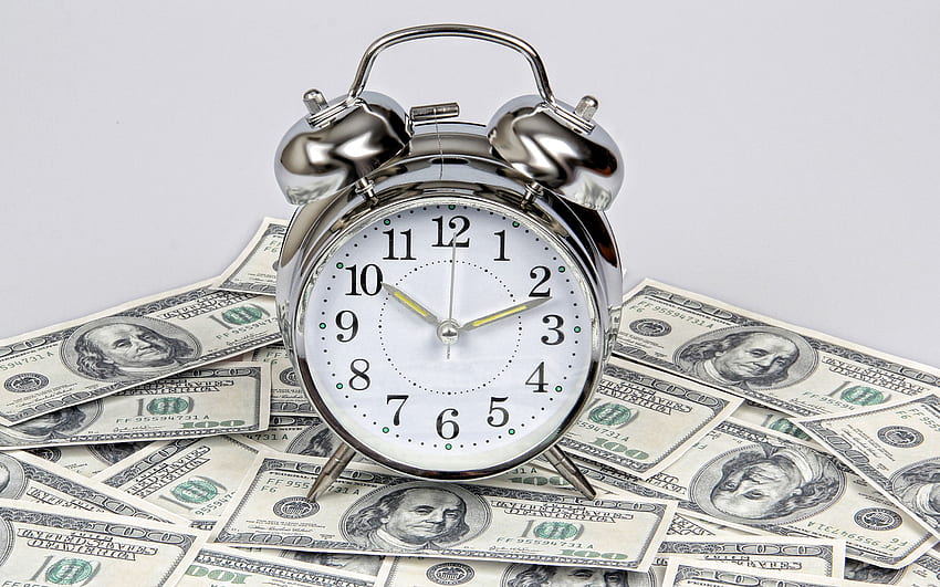 Time is money, silver alarm clock, money HD wallpaper