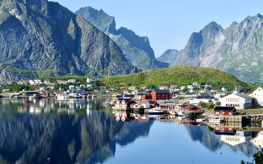 Kepulauan Lofoten, Norwegia, Norwegia, pegunungan, air, pulau, desa, pelabuhan Wallpaper HD