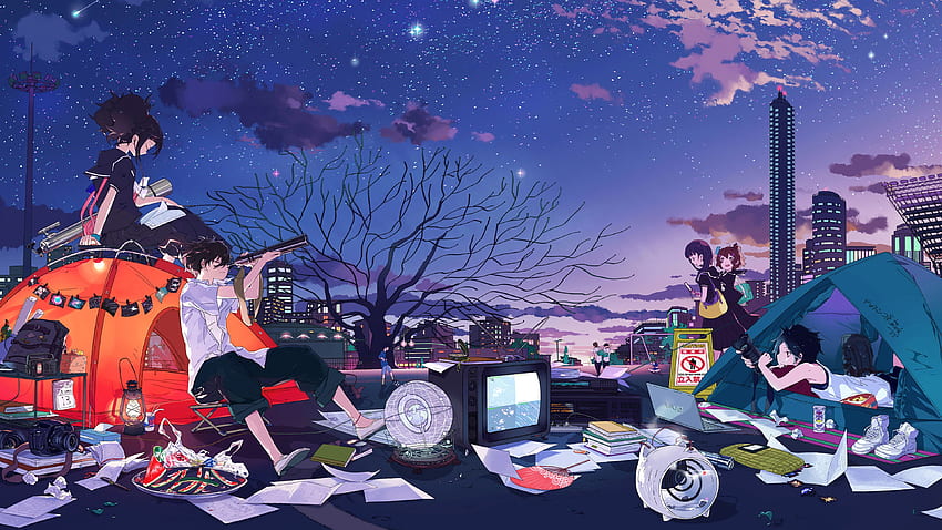 Anime Students Camping Night Sky Stars, Cartoon Camping HD wallpaper