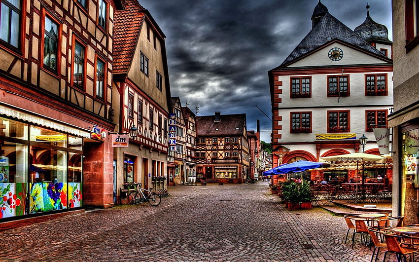 encantador centro de la ciudad en suiza r, adoquines, tiendas, restaurantes, pueblo, r, centro fondo de pantalla