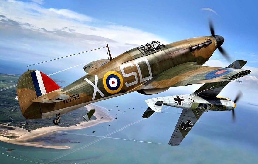 Messerschmitt, Battle Of Britain, WWII, Hawker Hurricane Mk.I, Pesawat Militer, Bf. 109E 4, RAM Untuk , Bagian авиация Wallpaper HD