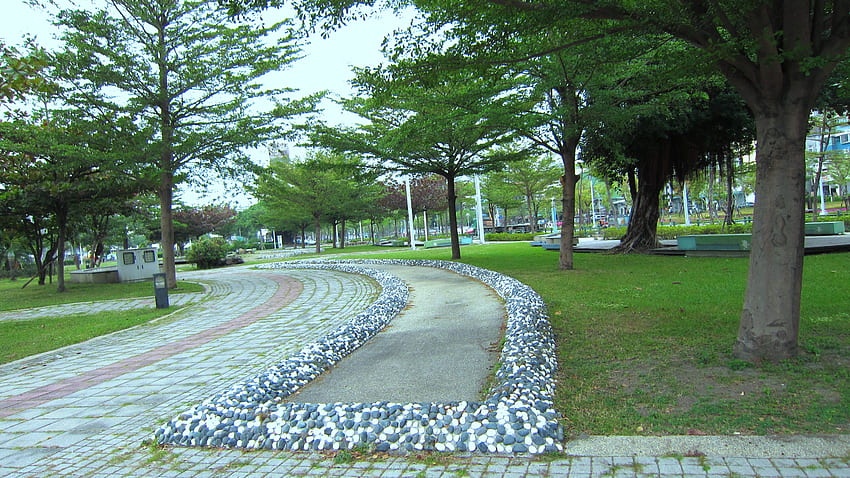 Park, cobblestone, path, grass, tree HD wallpaper