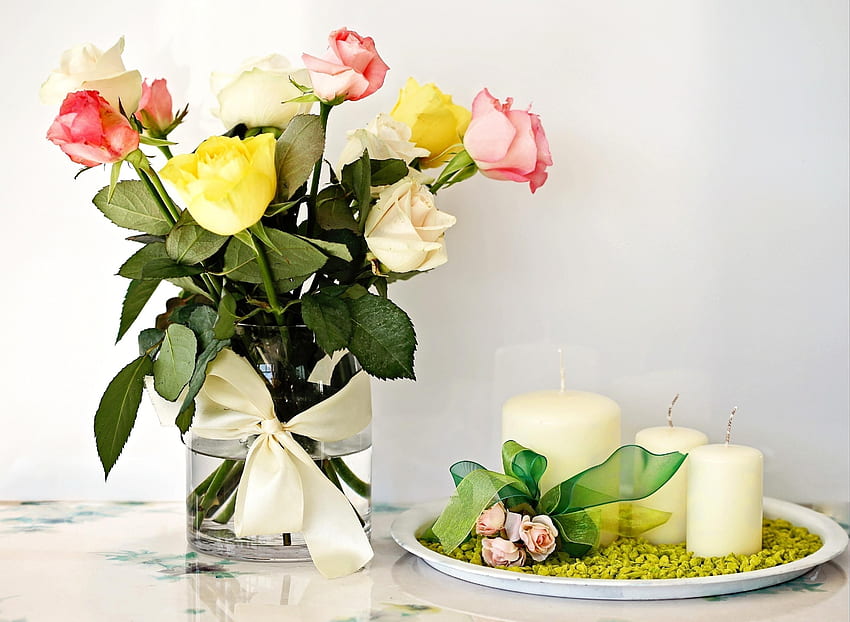 Flowers, Roses, Candles, Bouquet, Vase, Composition HD wallpaper