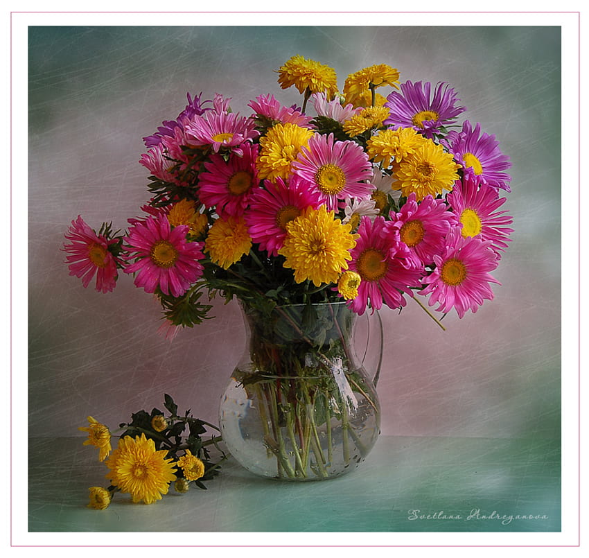 Blumen, Stillleben, Grafik, Farben, Wasserkocher, schön, Blumenstrauß, Harmonie HD-Hintergrundbild