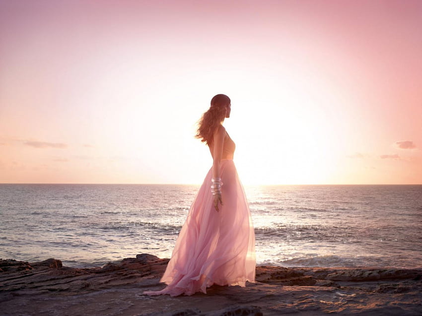 당신이 없는 순간..., 바다, 핑크, 젊은, 소녀, 드레스, 아름다움, 해변 HD 월페이퍼