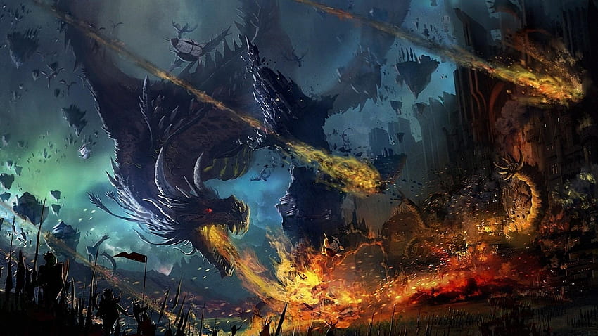 Visualização dragão, queda, fogo, chama, guerra, batalha papel de parede HD