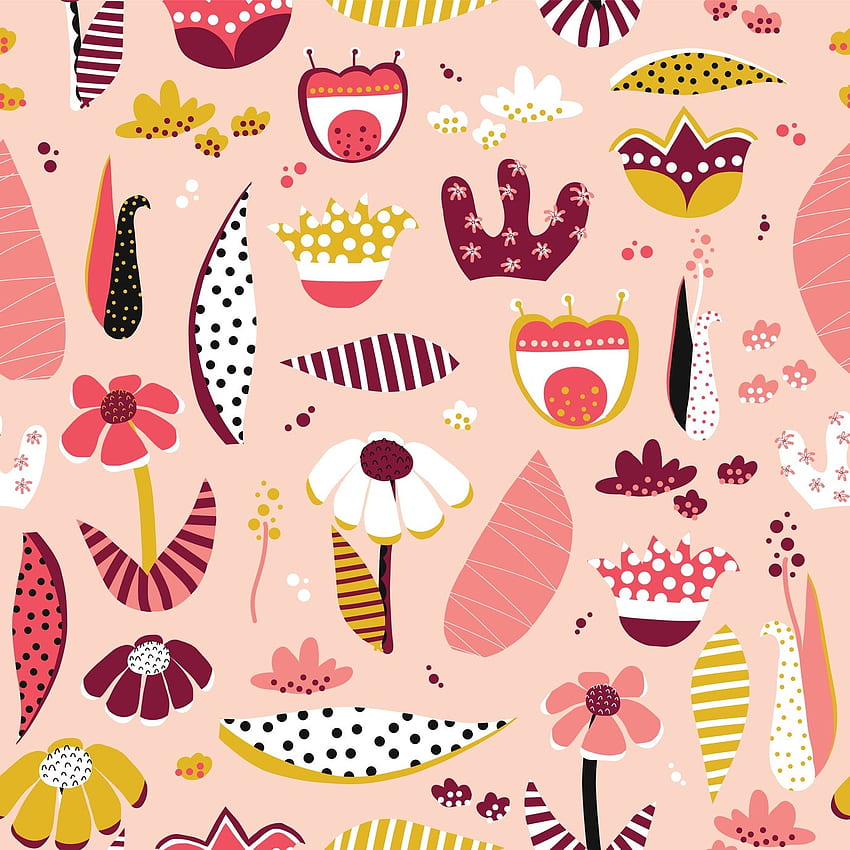 Abstract flower collage style seamless vector pattern. Scandinavian flat floral background coral pink white black gold. For summer, spring, girls, women, banner, fabric, , gift wrap, decor HD phone wallpaper