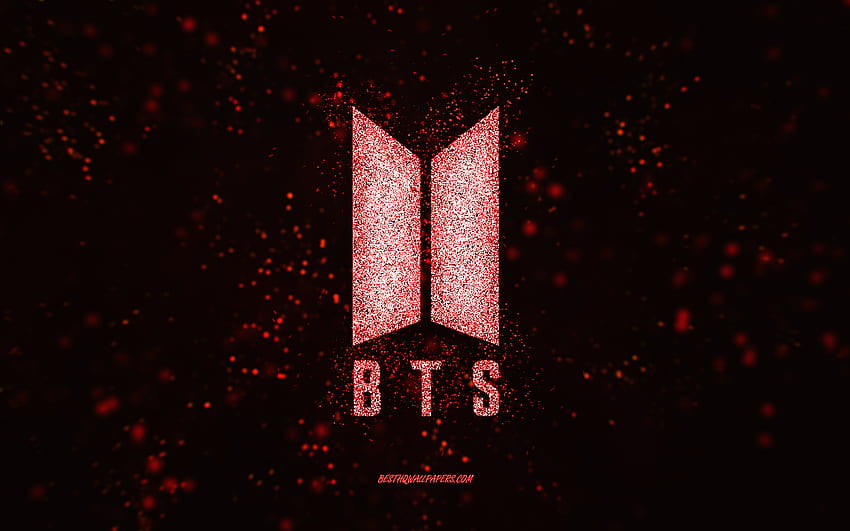 BTS glitter logo, , black background, BTS logo, red glitter art, BTS, creative art, BTS red glitter logo, Bangtan Boys HD wallpaper