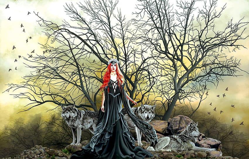 Gadis Serigala, serigala, seni, rambut merah, cantik, gadis, wanita, digital, fantasi Wallpaper HD