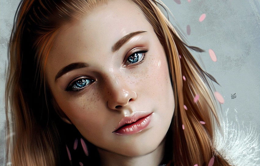 Girl, art, blue eyes, lips, face, redhead, digital art, artwork ...