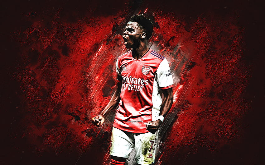 Bukayo Saka, Arsenal FC, angielski piłkarz, tło z czerwonego kamienia, Premier League, Anglia, sztuka grunge, piłka nożna Tapeta HD