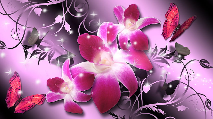 Orchidées Luxe, papillons, rose, personnage firefox, éclat, lumineux, fleurs, orchidée, étoiles Fond d'écran HD