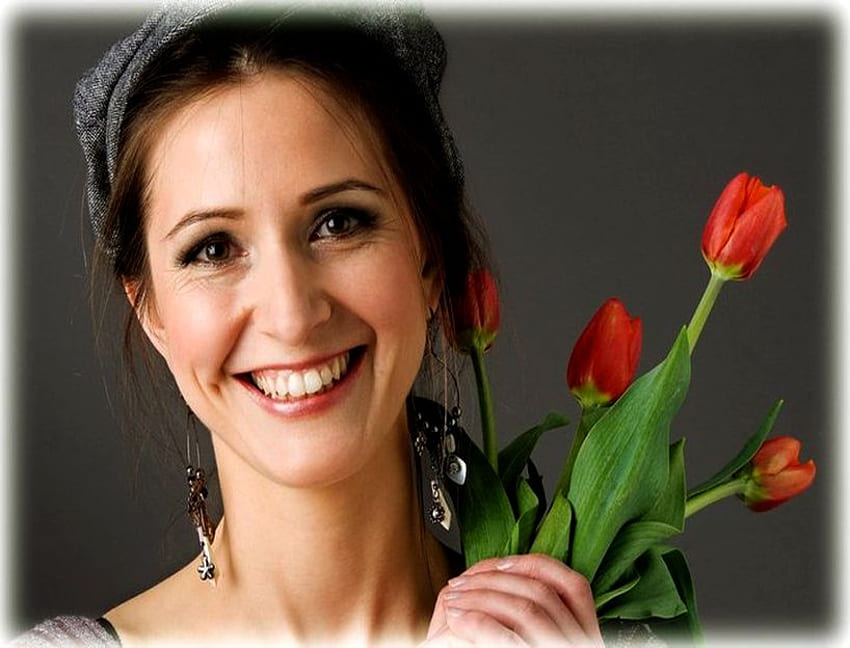 HAPPY NEW DAY, smile, happy, flowers, tulips, woman, beauty HD wallpaper