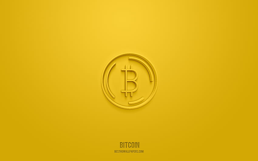 Bitcoin 3D-Symbol, gelber Hintergrund, 3D-Symbole, Bitcoin, Finanzsymbole, 3D-Symbole, Bitcoin-Zeichen HD-Hintergrundbild