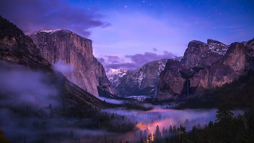 Yosemite National Park, fog, waterfalls, valley, night, Spring Night HD wallpaper