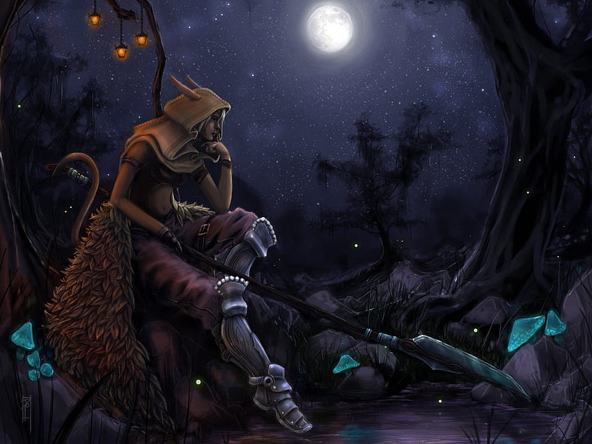 Warrior Elves Spear Night Moon Hood шапка Fantasy elf HD тапет