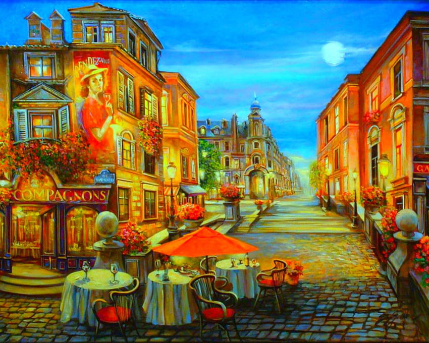 Street Restaurant, restaurant, painting, art, street, road HD wallpaper