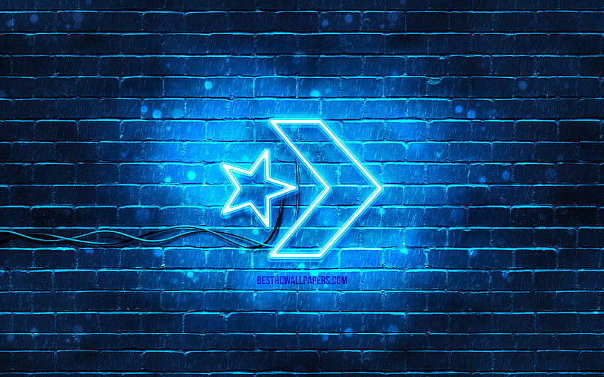 Logo bleu Converse, mur de brique bleu, logo Converse, marques de mode, logo néon Converse, Converse Fond d'écran HD