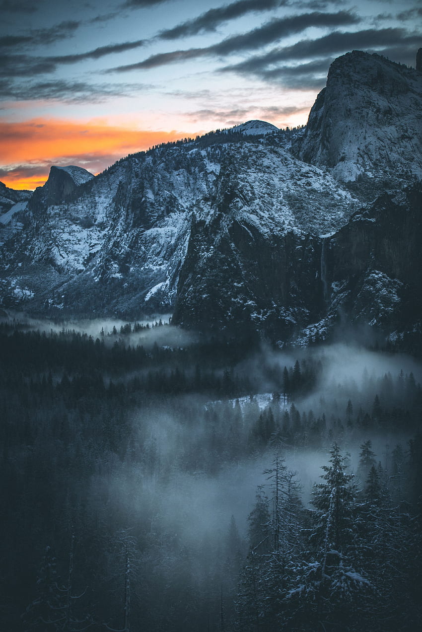 Nature, Sunset, Sky, Mountains, Snow, Fog, Snow Covered, Snowbound HD phone wallpaper