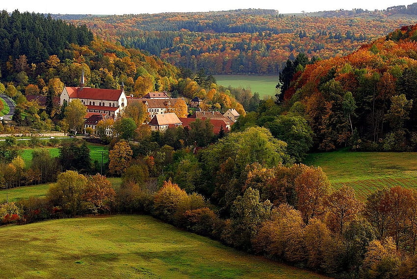 독일의 계곡, 독일, 가을, 주택, 마을 HD 월페이퍼