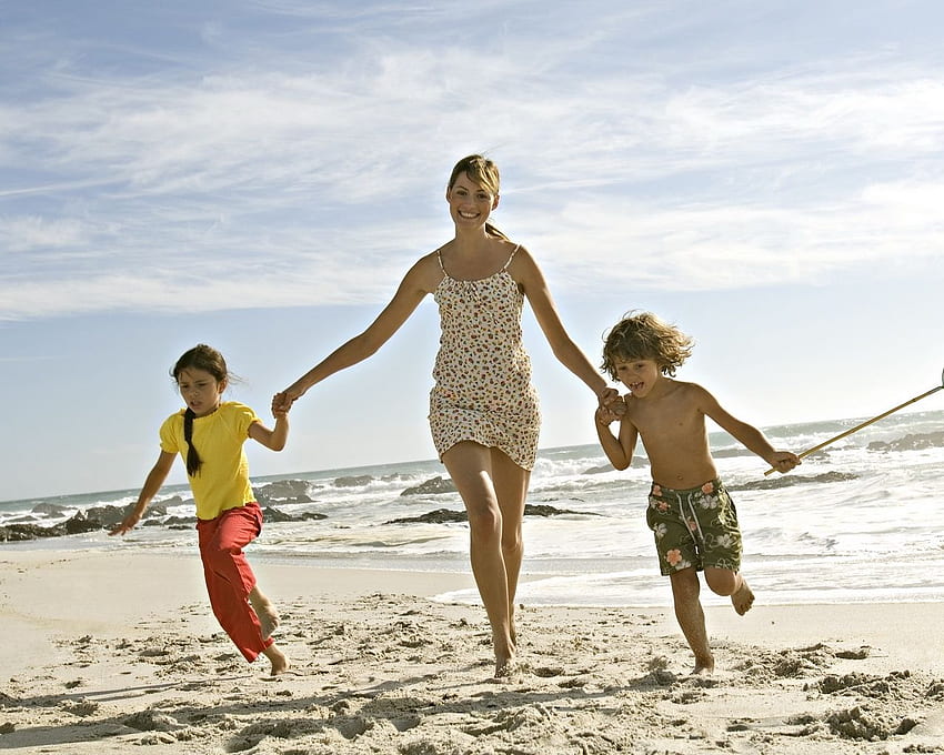 family, children, beach, shore, sea HD wallpaper