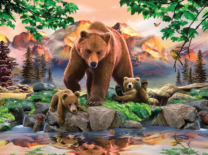 Di Howard Robinson, animale, fiume, orso, cucciolo, pittura, arte, famiglia, Howard Robinson Sfondo HD