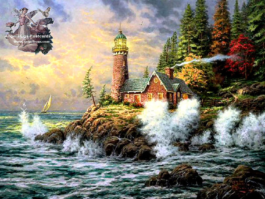 Mut, Leuchtturm, Schiff, Haus, Felsen, Meer HD-Hintergrundbild