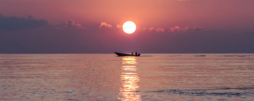 sea, boat, sunset, horizon, thoddoo, Maldives Sunrise HD wallpaper