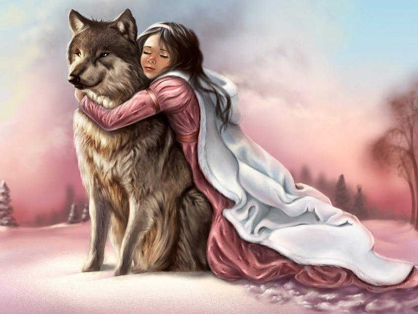 Wolf girl, painting, art, animals, girl, wolf HD wallpaper