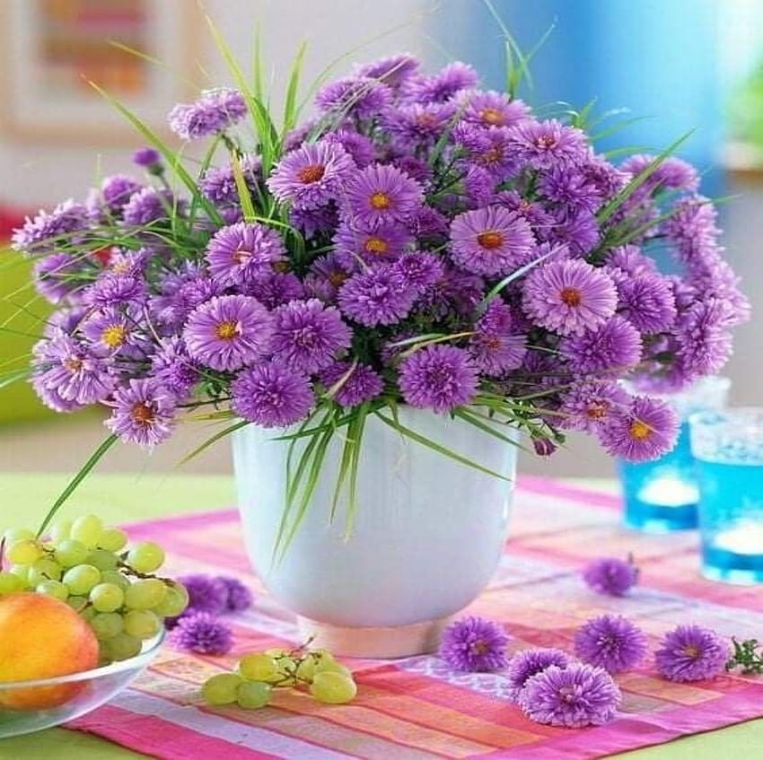 アスター, 花, 果物, 花瓶, 紫 高画質の壁紙