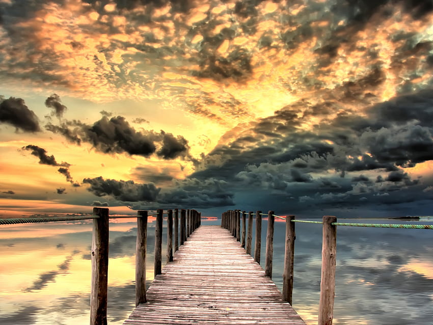 Pier at Sunset, sea, clouds, pier, sky, nature, sunset HD wallpaper