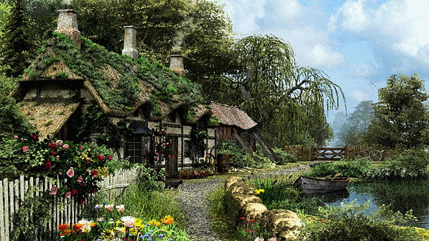 Glamourös, Englisch, Cottage, Haus, Boot, Fluss, Garten HD-Hintergrundbild