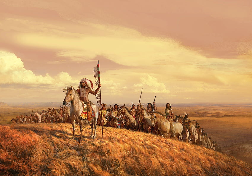 rdzenni Amerykanie, Amerykanin, tubylec, koń, pole Tapeta HD
